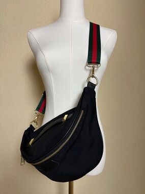 Black Crossbody Sling Bag with Green & Red Accent Strap